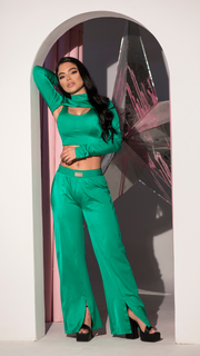 Sporty Green Glossy Women Outfit 3 pieces